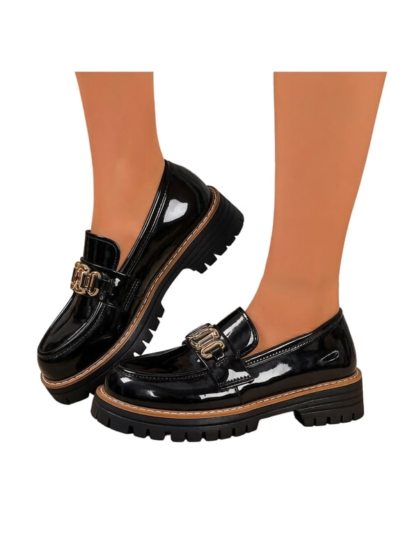 Loafers for Women Platform Patent Leather Chunky Penny Loafer Slip On Casual Dressy Business Shoes with Arch Support Black Size 9