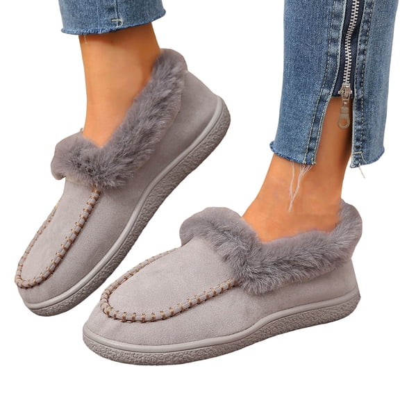 Loafers for Women Plush Warm Winter Casual Flat Shoes Suede Round Toe Comfortable Thick Soft Sole Walking Shoes Gray Size 9