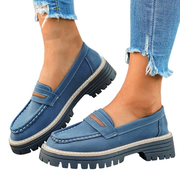 Loafers for Women Round Toe Stitching Leather Slip on Chunky Lug Sole Low Heel Penny Loafers Comfy Business Work Shoes Blue Size 8.5