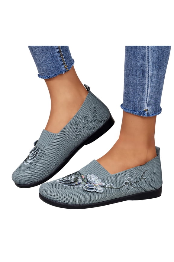 Loafers for Women Slip on Round Toe Flat Shoes 3D Butterfly Floral Embroidery Knitted Mesh Soft Sole Walking Shoes Green Size 9