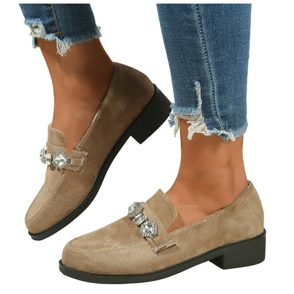 Loafers for Women Sparkly Rhinestone Chain Round Toe Suede Slip on Low Heel Penny Loafers Casual Low Top Walking Shoes Beige Size 8