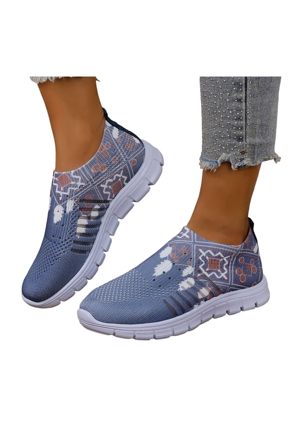Loafers for Women Stretch Knitted Mesh Trendy Print Slip on Walking Shoes Casual Comfy Soft Sole Round Toe Gym Workout Nursing Shoes Blue Size 8