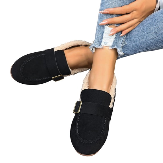 Loafers for Women Winter Warm Fuzzy Lined Round Toe Suede Flat Shoes Buckle Strap Casual Comfy Walking Driving Shoes Black Size 7.5