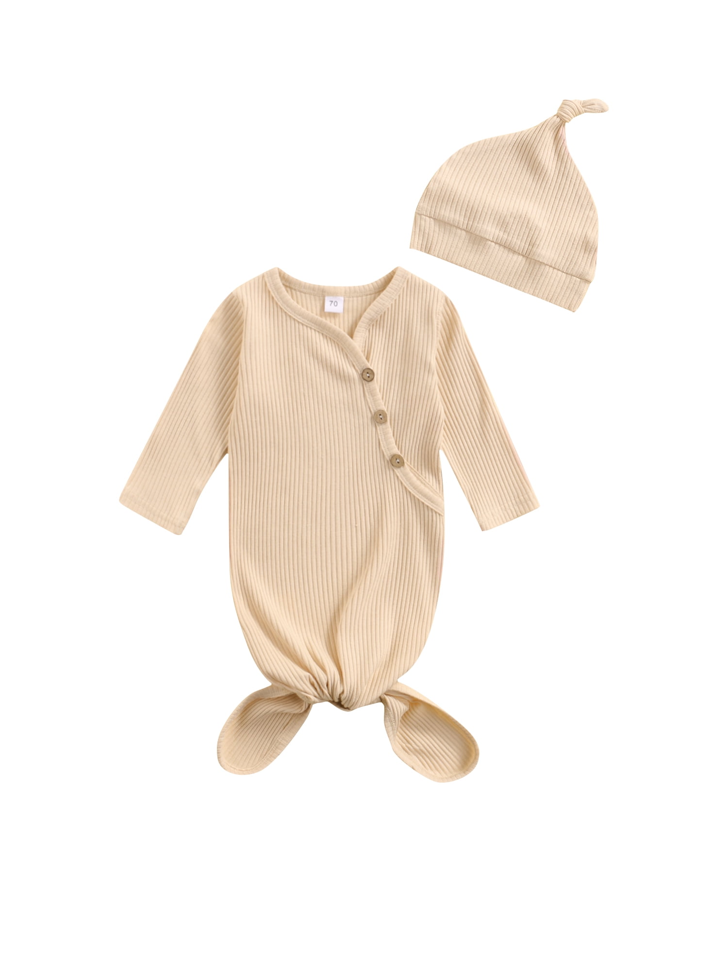 Loalirando Newborn Baby Boy Girl Knotted Sleep Gown Solid Ribbed Soft Nightgown Cap Set 0 3 Months Coming Home Outfits Walmart