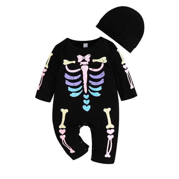 Loalirando Newborn Baby Boy Halloween Outfits Skeleton Skull Romper with Hat Long Sleeve Jumpsuit Playsuit 0-18M