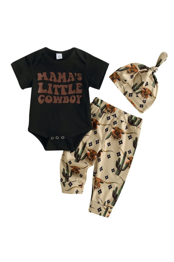 Newborn Baby Boy Western Cowboy Clothes Outfits Letter Bodysuit Cowboy Hat/Boots/Cow Long Pants Cap 3Pcs Set