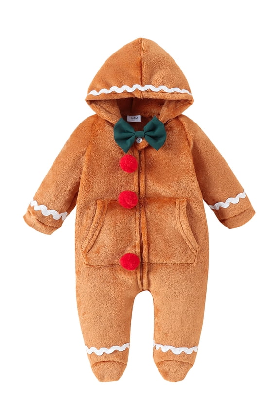 Newborn Baby Gingerbread Costume Christmas One Piece Footies Romper Long Sleeve Zip-up Jumpsuit Winter Clothes