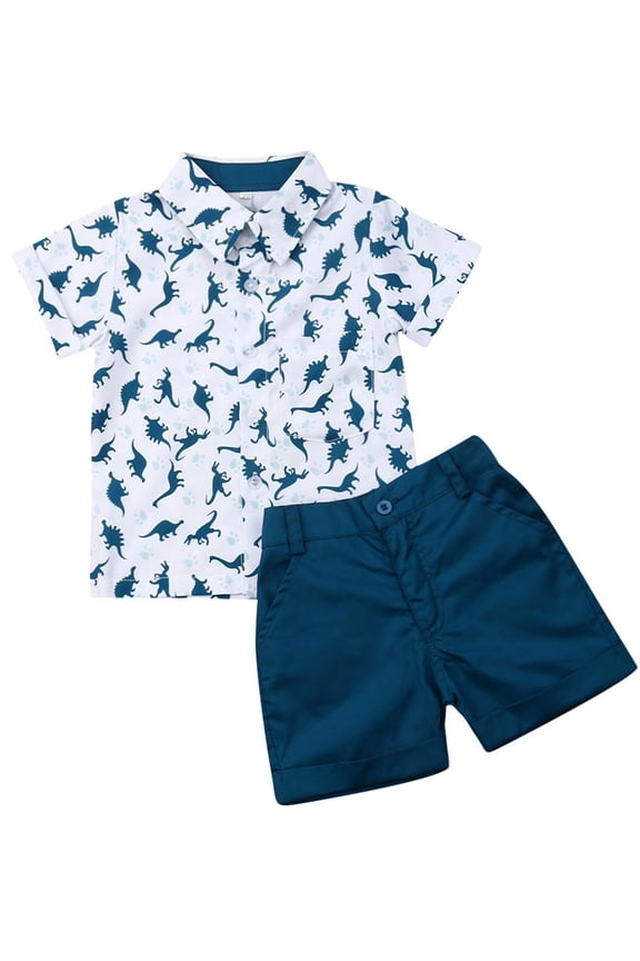 Toddler Baby Boy Dinosaur Print Shirt Outfits Casual Button Down Top Solid Shorts Set Summer Clothes