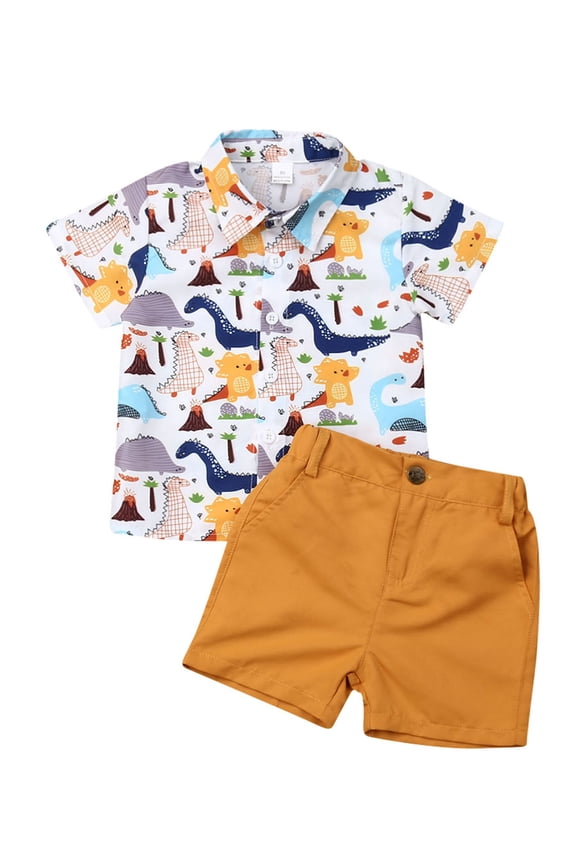 Toddler Baby Boy Dinosaur Print Shirt Outfits Casual Button Down Top Solid Shorts Set Summer Clothes