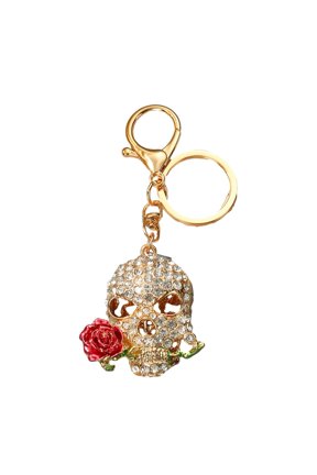 Holding Rose Rhinestone Skull Keychain for Halloween, Gothic Skeleton Head Key Ring, Key Chain Accessory for Handbags Backpacks