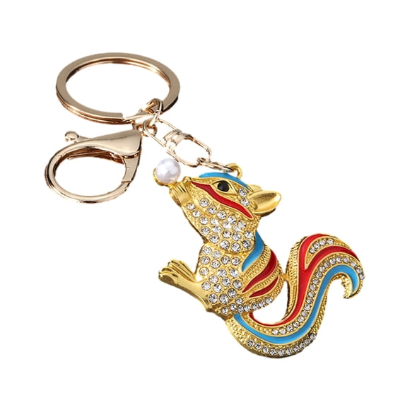 Loamitoy Keychain Pendant, Enamel Squirrel Design Key Charm with Rhinestones, Large Rotating Chain Key Ring with Lobster Clasp