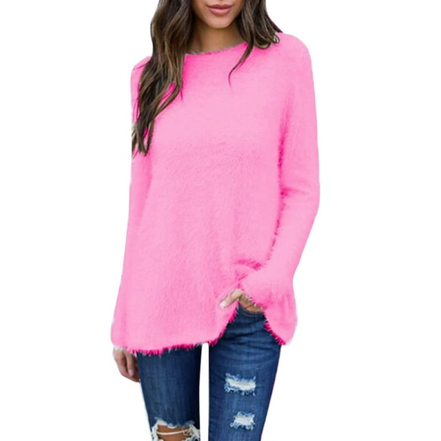 Loasebue Ladies' Solid Colour Long Sleeve Loose Stylish Plush Top, Pink ...