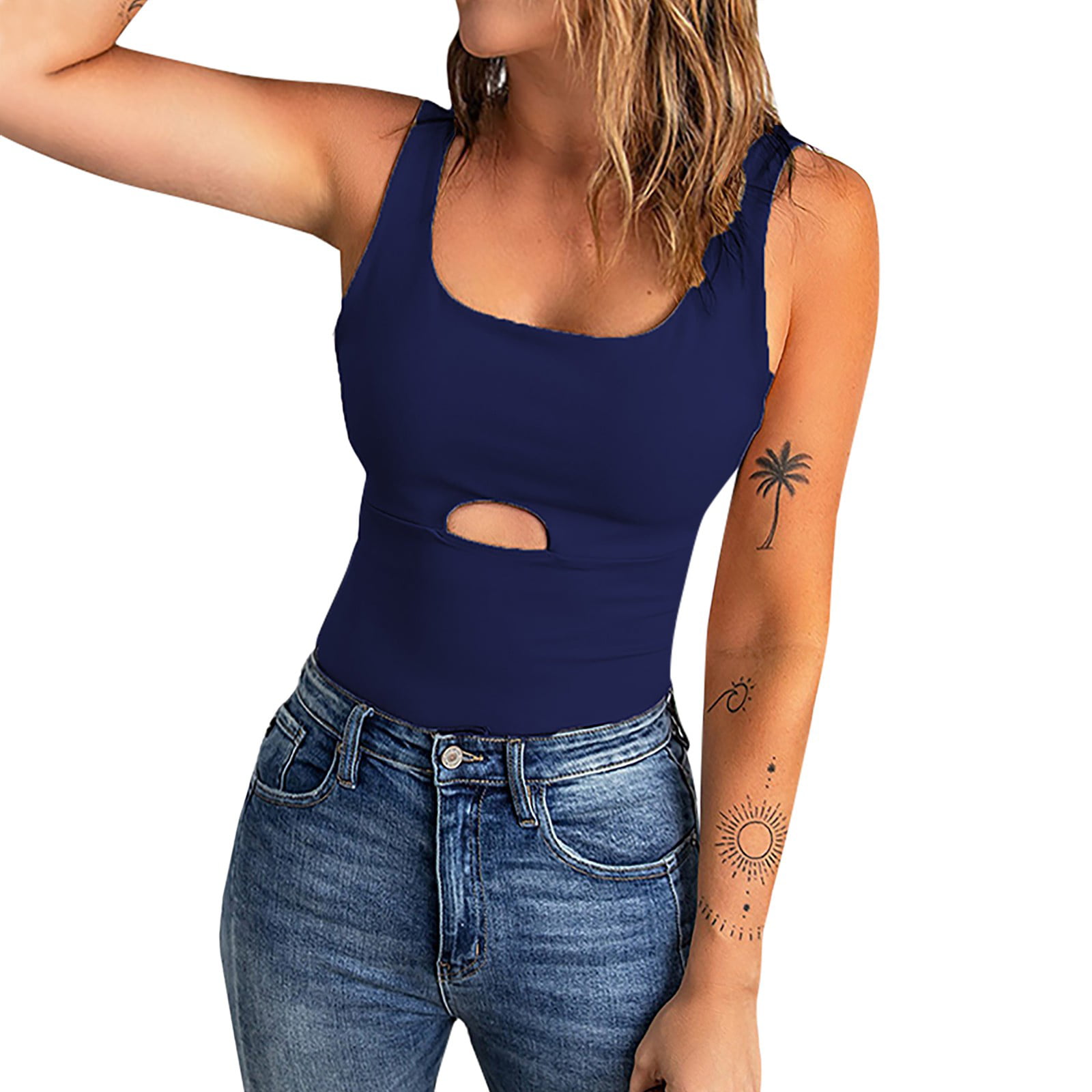Loasebue Women U Neck Solid Color Vest Hollow Out Tank Tops Summer ...