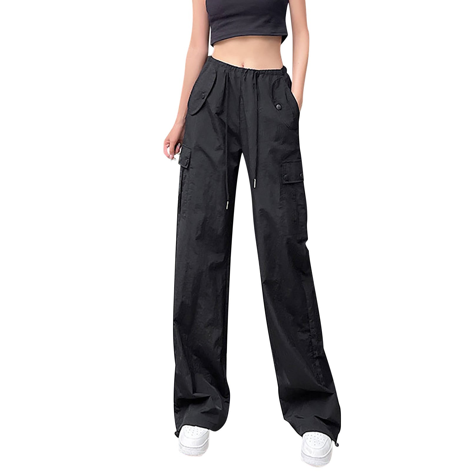 Loasebue Women's Cotton Drawstring Parachute Pants With 4 Pockets/Low