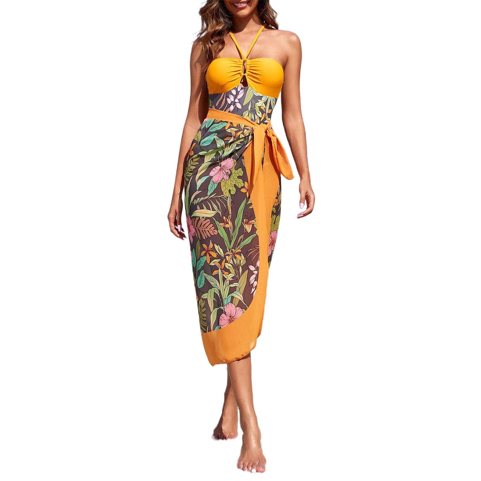 Loasebue Women's Ha Lter Swimsuit With Beach Cover Up Wrap Skirt Print