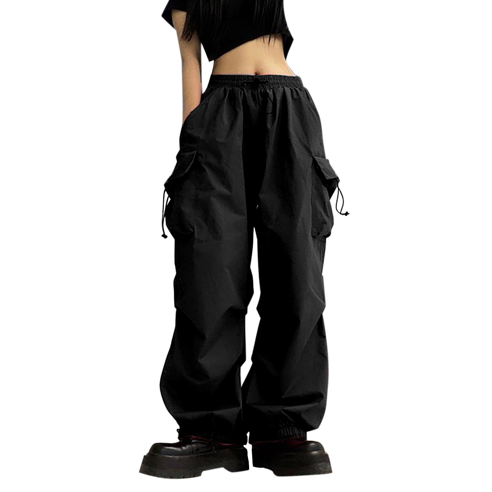 Loasebue Women's Solid Color Drawstring Parachute Pants With 4 Pockets