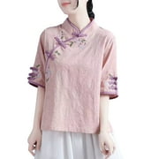 Loasebue Women's Spring/Summer Embroidered Tang Dress Half Sleeved Chinese Zen Tea Dress Chinese Cotton Pan Button Qipao Top, Pink XXL