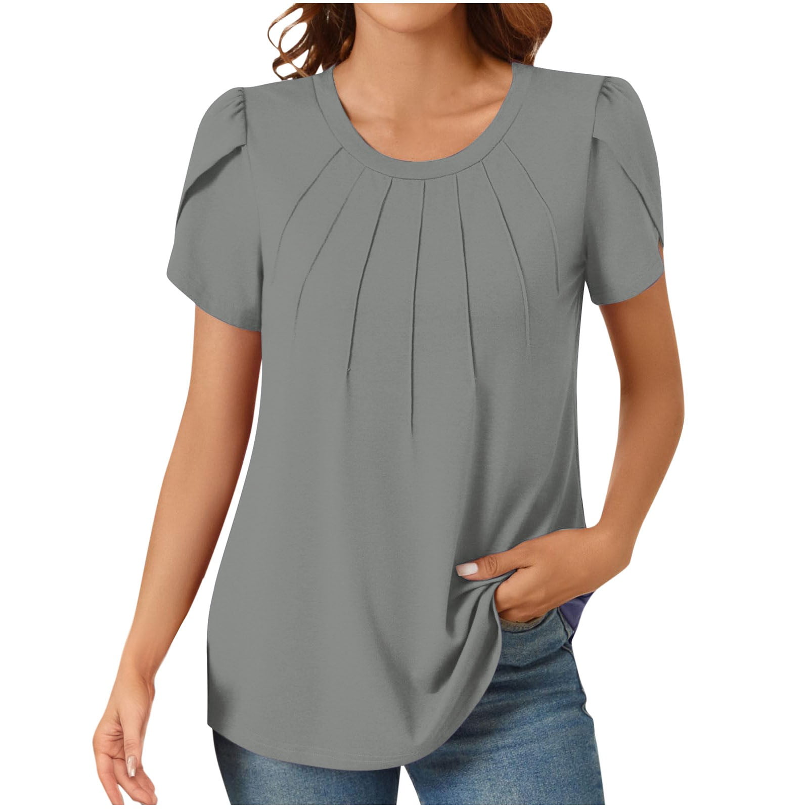 Women's V Neck Petal Sleeve Tunic Top – Front Pleated, Flowy Double Layer Blouse, Casual Dressy