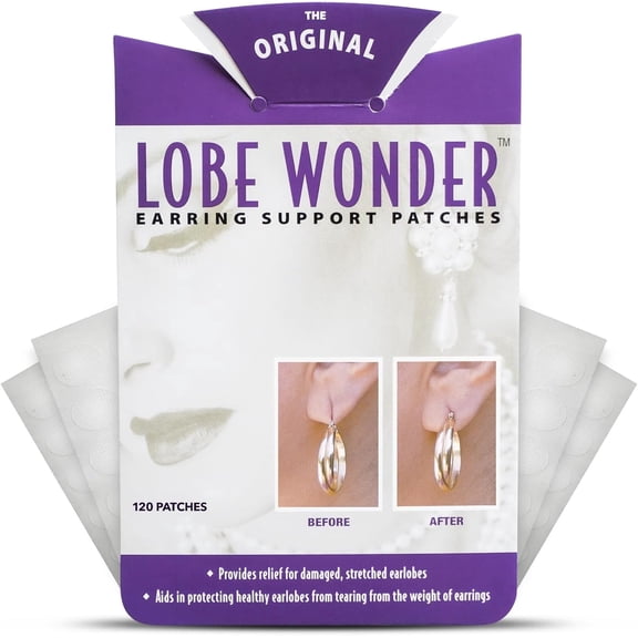 Lobe Wonder - The ORIGINAL Ear Lobe Support Patch for Pierced Ears - Eliminates the Look of Torn or Stretched Piercings - Protects Healthy Ear Lobes from Tearing - 120 Patches - Clear & Latex-Free