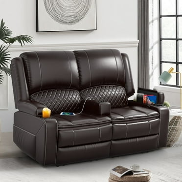 LOBERFVE Loveseat Recliner Sofa, Manual Recliner Chair with Removable Armrest, 2-Tier Cushions, USB Charging Ports, Cup Holders, Faux Leather Reclining Loveseat for Adults, Brown