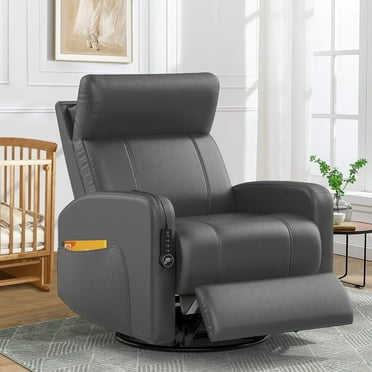 Loberfve Power Recliner Nursery Glider Chair, with Power Adjustable Headrest, Swivel Glider Rocking with USB, Type-c Ports, Faux Leather Recliner Chair, Gray