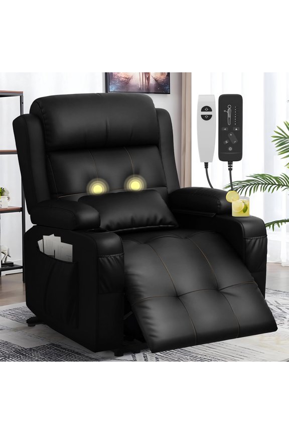 Power Recliner, Oversized Recliner with Heat and Back Massage, Leather Recline Chair with Storage Armrests, 2 Cup Holders for Living Room, Bedroom, Black