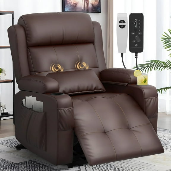 Loberfve Power Recliner, Oversized Recliner with Heat and Back Massage, Leather Recline Chair with Storage Armrests, 2 Cup Holders for Living Room, Bedroom, Brown