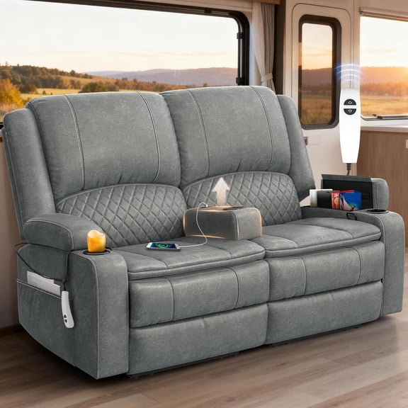 Loberfve Wall Hugger Power Reclining Loveseat, Home Theater RV Recliner with Storage USB Ports, Removable Armrest, Remote, Light Gray