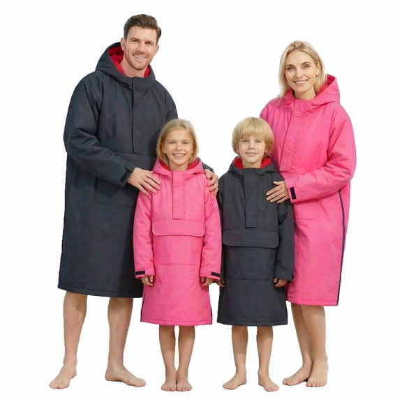 Lobmouse Fleece Lining Swim Parka for Adult Kids Youth, Comfort Waterproof Windproof Versatile Swim Jacket Change Poncho Coat with Large Front Pocket for Surfing Swimming Home