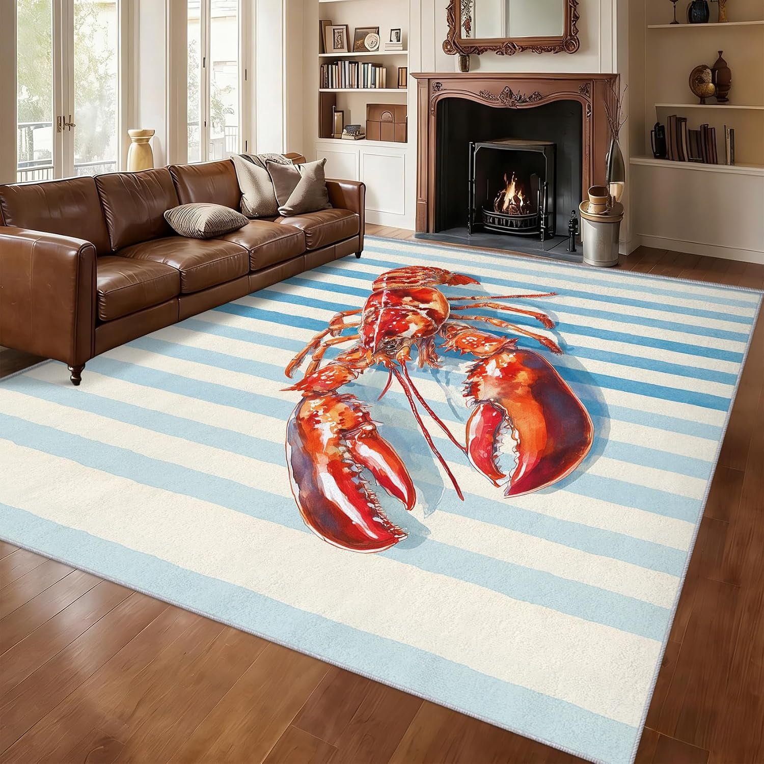 Pattern Loster Lobster Area Rugs, Blue White Nautical Pattern Carpet, Washable Non ...
