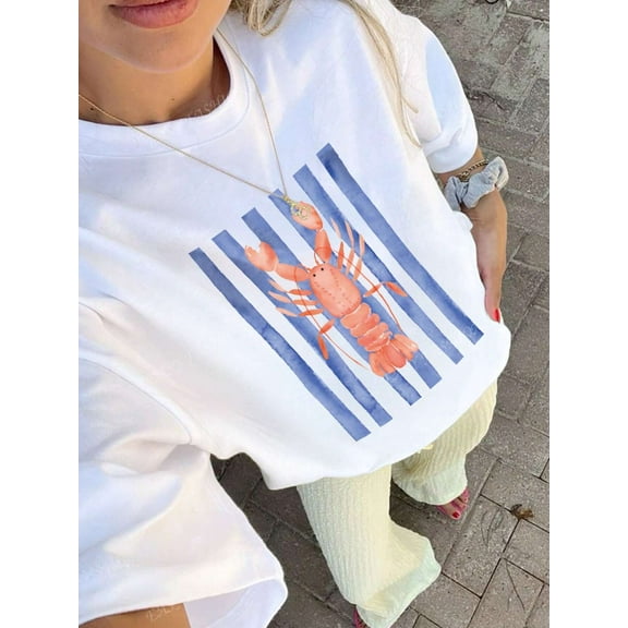 Lobster & Blue Stripes Graphic Tee Coastal Summer Vibe