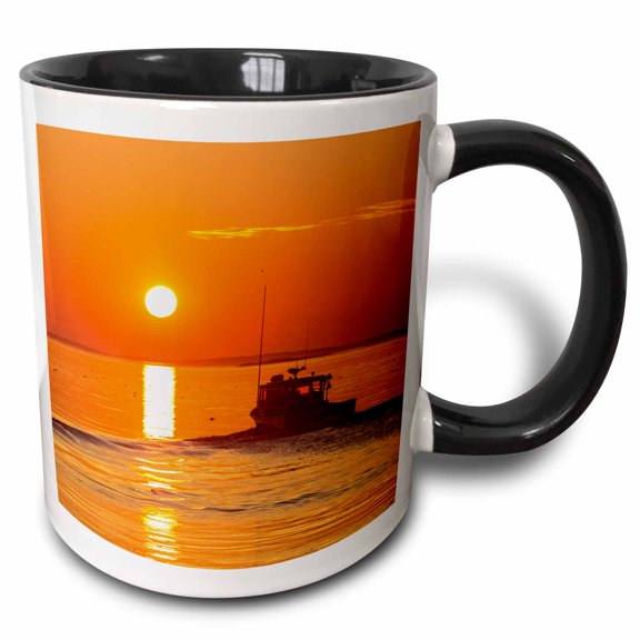 3drose, Lobster Boat at Sunrise in a Harbor in South Thomaston, Maine., 11oz Two-tone Black Mug