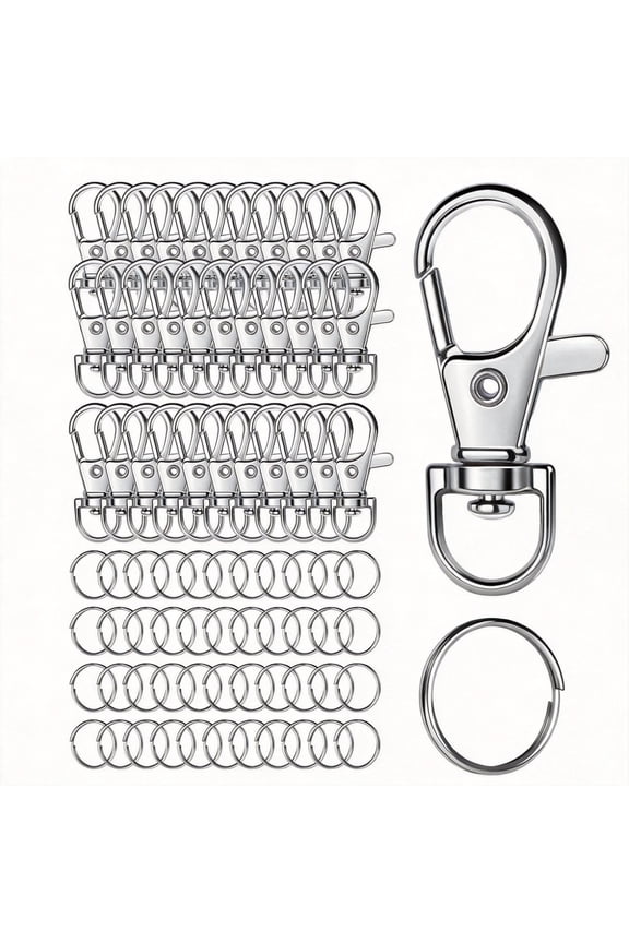 Lobster Claw Clasps and Key Rings, 100-Piece Keychain Making Kit, 50 Swivel Snap Hooks & 50 Flat Rings, Metal for DIY Crafts, Silver Finish