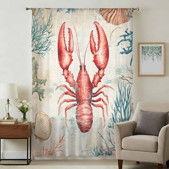 Lobster Coastal Sheer Curtains 54 Inches Long, Nautical Beach Coral Shell Ocean Retro Light Filering Curtains, Breathable Simi Curtain Privacy Drapes for Kitchen Bathroom Small Window Treatment