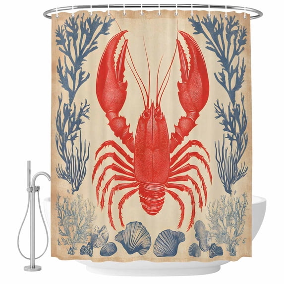 Lobster Coastal Shower Curtain Set - Standard 72" x 72" Washable Bathtub Curtain with 12 Hooks, Summer Beach Coral Shell Nautical Vintage Waterproof Fabric Stall Shower Curtains for Bathroom Décor