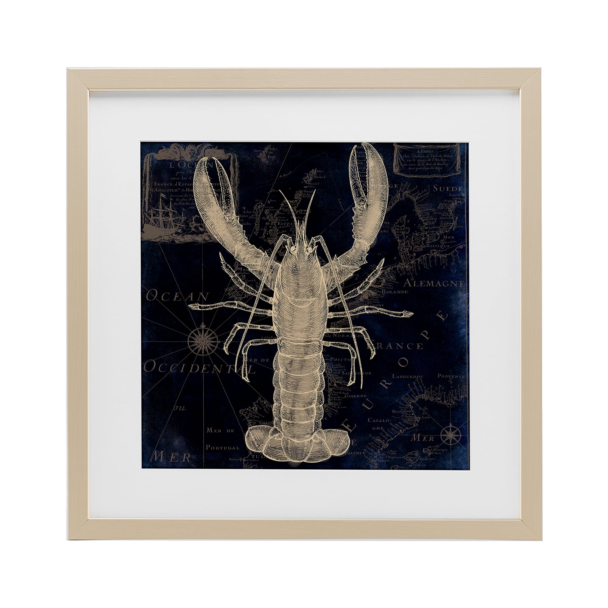 Lobster Contour over Map Birch Framed Print Under Glass, design by Sasha