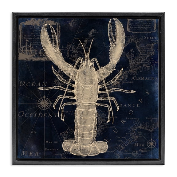 Lobster Contour over Map Black Framed Floater Canvas Wall Art, design by Sasha