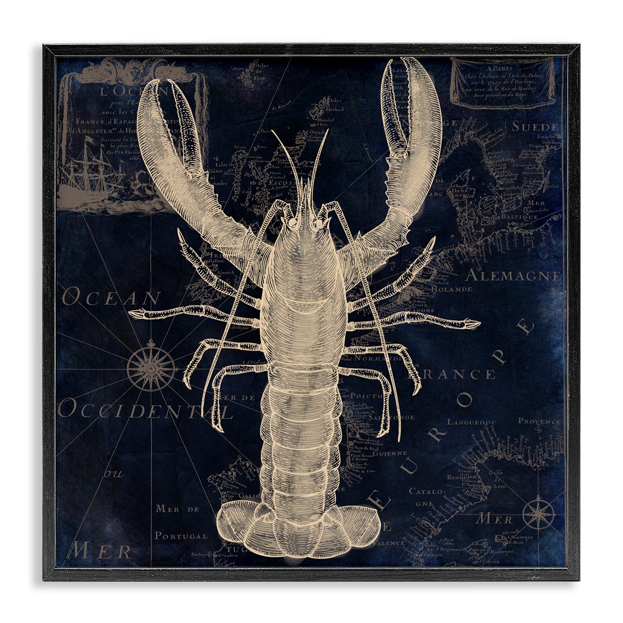 Lobster Contour over Map Black Framed Giclee Art, design by Sasha