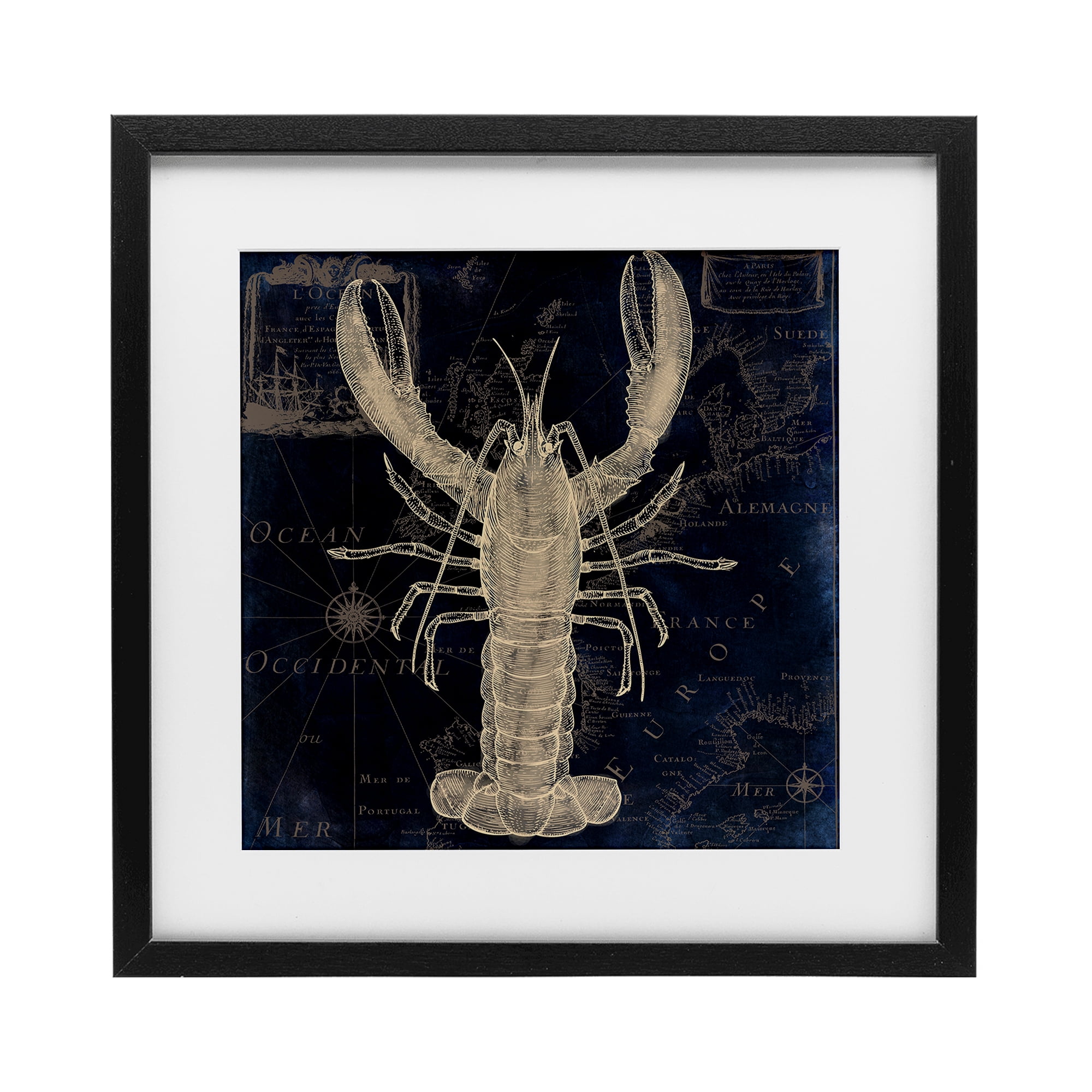 Lobster Contour over Map Black Framed Print Under Glass, design by Sasha