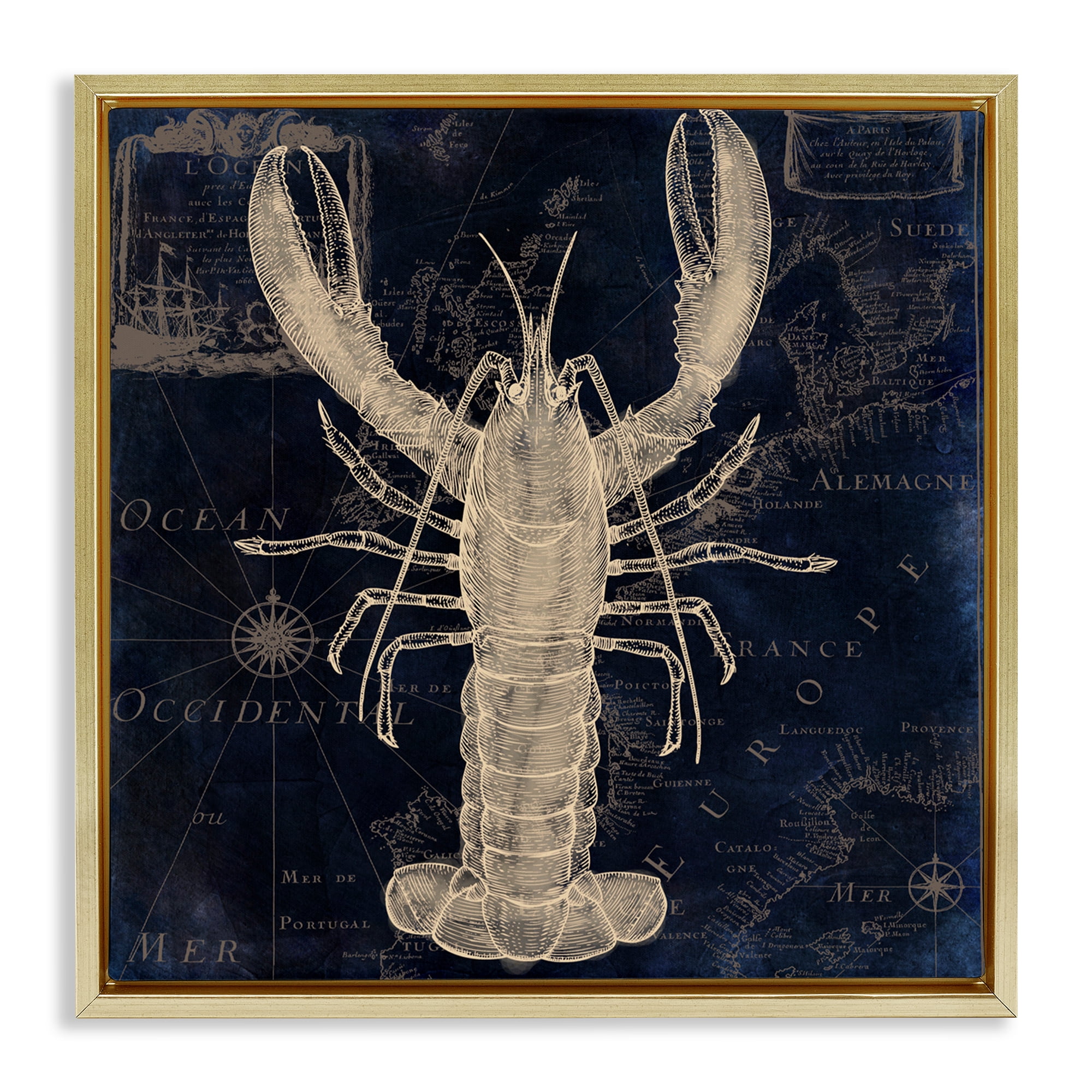 Lobster Contour over Map Gold Framed Floater Canvas Wall Art, design by Sasha