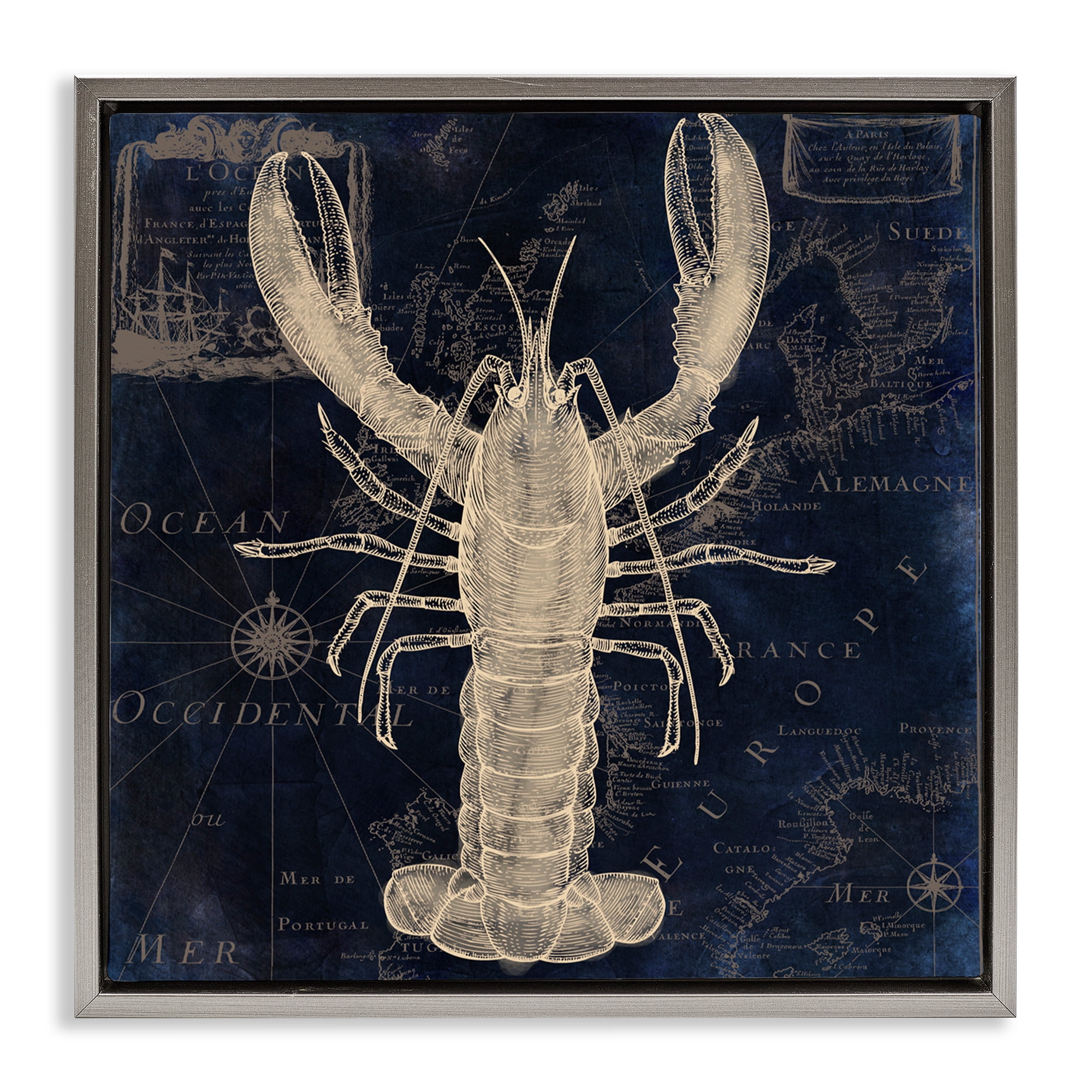 Lobster Contour over Map Gray Framed Floater Canvas Wall Art, design by Sasha