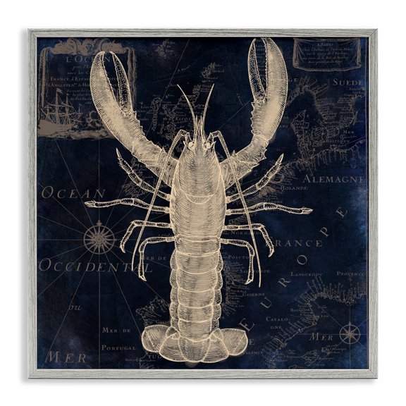 Lobster Contour over Map Gray Framed Giclee Art, design by Sasha