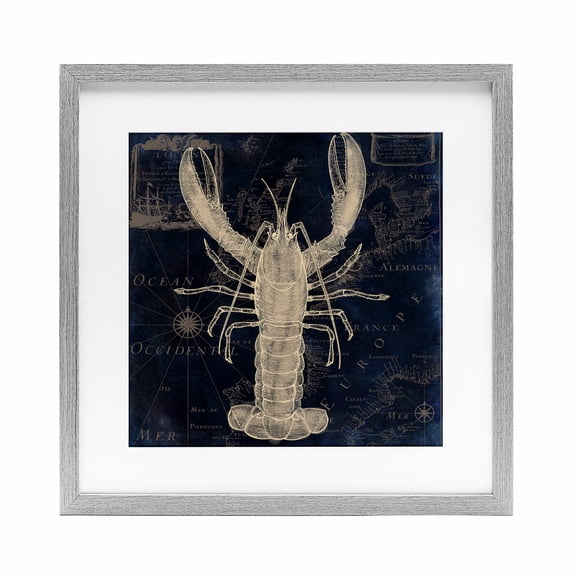 Lobster Contour over Map Gray Framed Print Under Glass, design by Sasha
