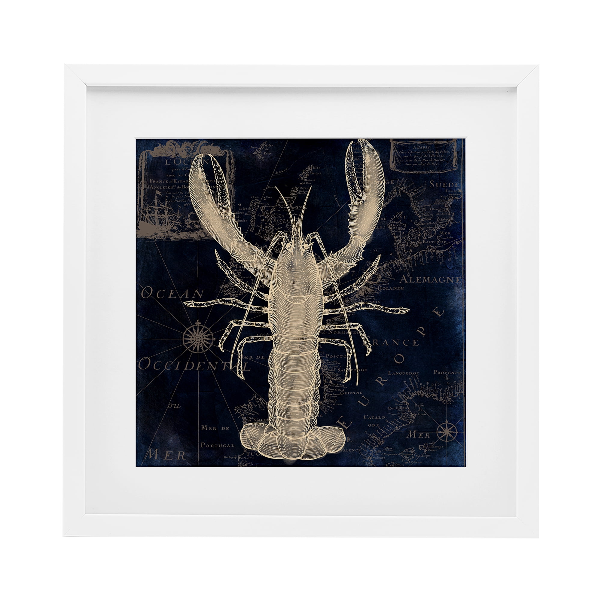 Lobster Contour over Map White Framed Print Under Glass, design by Sasha