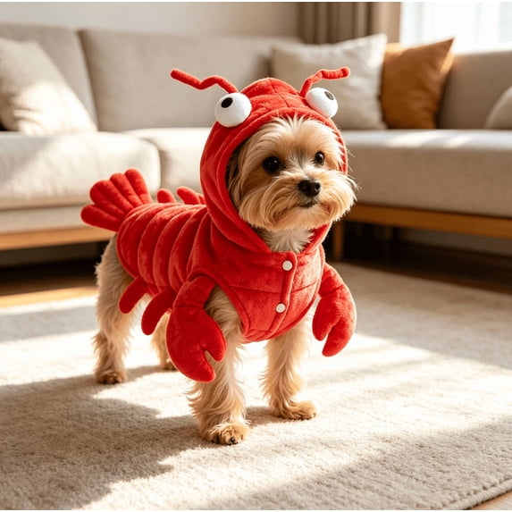 Lobster Dog Halloween Costume Hooded Sea Creature Pet Dress Up Soft Polyester Snap Button Outfit for Dachshund Small Medium Dogs M