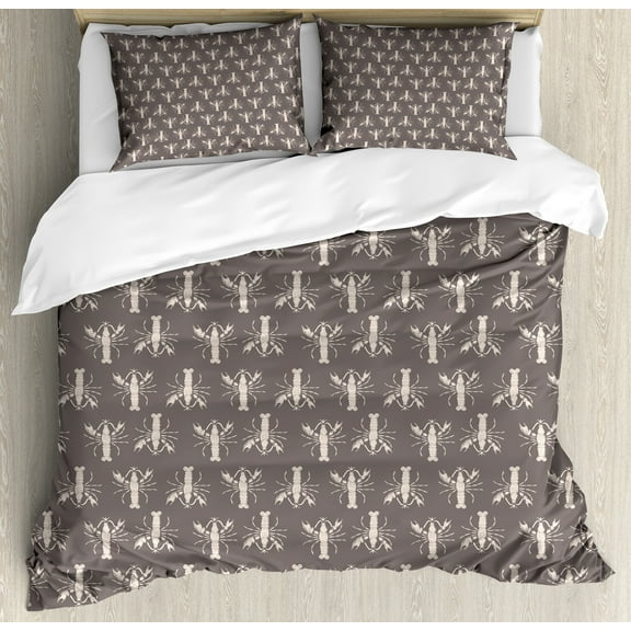 Lobster Duvet Cover Set, Graphic of Sea Animals Deep Ocean Creatures Sea Life Animals Marine, Decorative 3 Piece Bedding Set with 2 Pillow Shams, Calking Size, Dark Warm Taupe and Beige, by Ambesonne