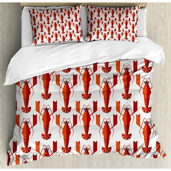 Lobster Duvet Cover Set Queen Size, Abstract Geometric Lobsters Artwork Vertically Aligned Graphic Figures, Decorative 3 Piece Bedding Set with 2 Pillow Shams, White and Vermilion, by Ambesonne