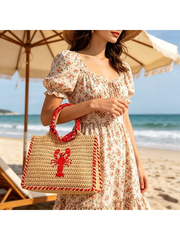 Lobster Embroidered Beach Bag, Natural Straw Woven Tote for Summer Vacation and Resort Wear