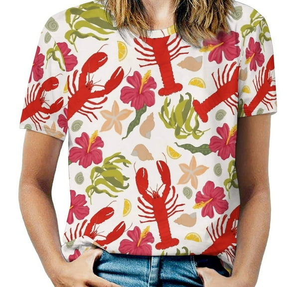 Lobster Floral Print Women's Short Sleeve T-Shirt Crew Neck Casual Summer Trendy Loose Fit Tops