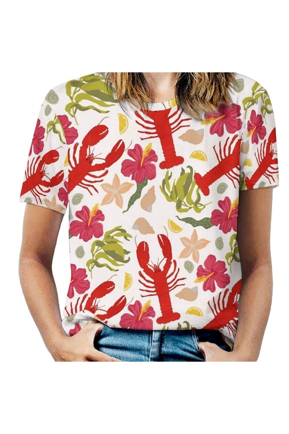 Lobster Floral Print Women's Short Sleeve T-Shirt Crew Neck Casual Summer Trendy Loose Fit Tops